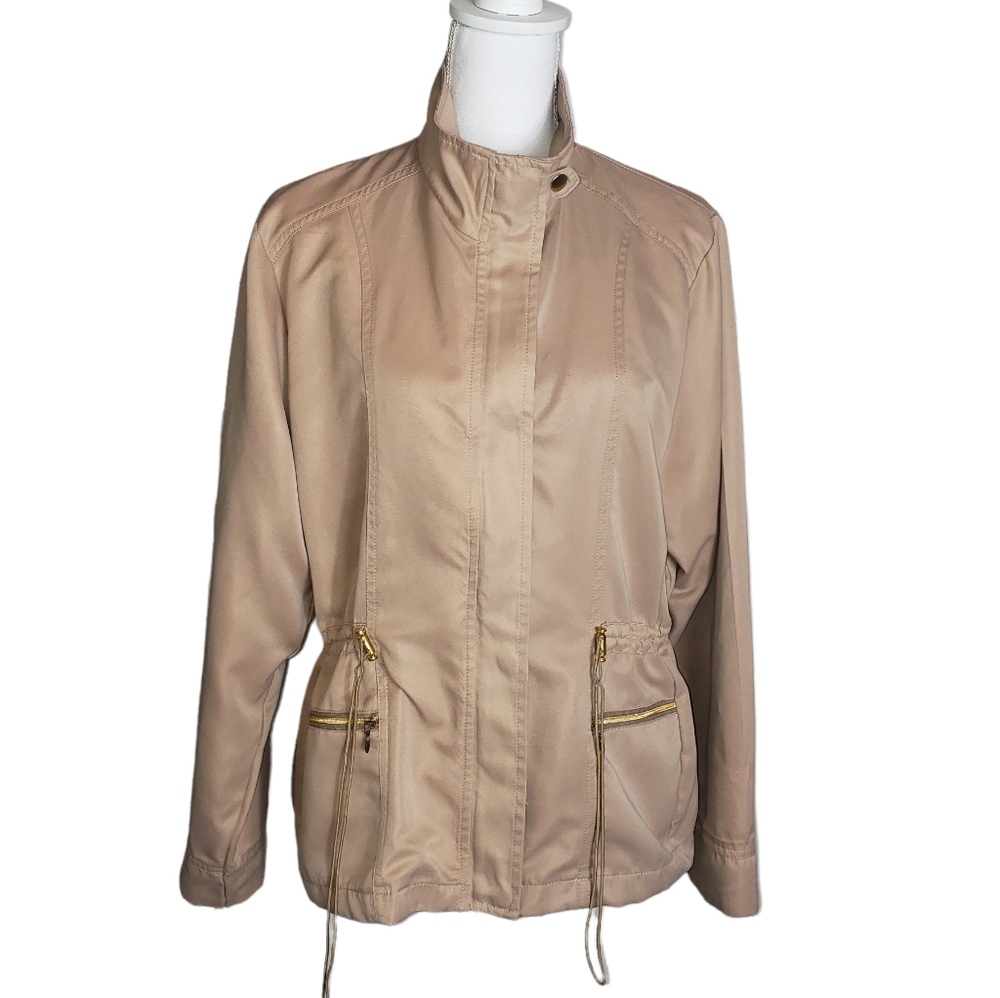 Keneth Too Beige Tan Lightweight Jacket Sz Large Cinch Waist Full Zip Mock Neck